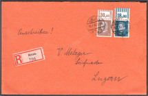 20 Pf. Ebert + 50 Pf. Hindenburg 1928, zwei Werte vom Oberrand auf tadellosem R-Brief 2. Stufe in die Schweiz 29.1.30, rs. Ankunftsstempel. Michel 415...