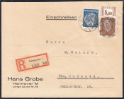 50 Pf. Hindenburg 1928, sauber auf portoger. R-Brief der 2. Stufe, Oberrand ,,3`7´3". Mi. 500,-€. Selten! Michel 420 W OR.