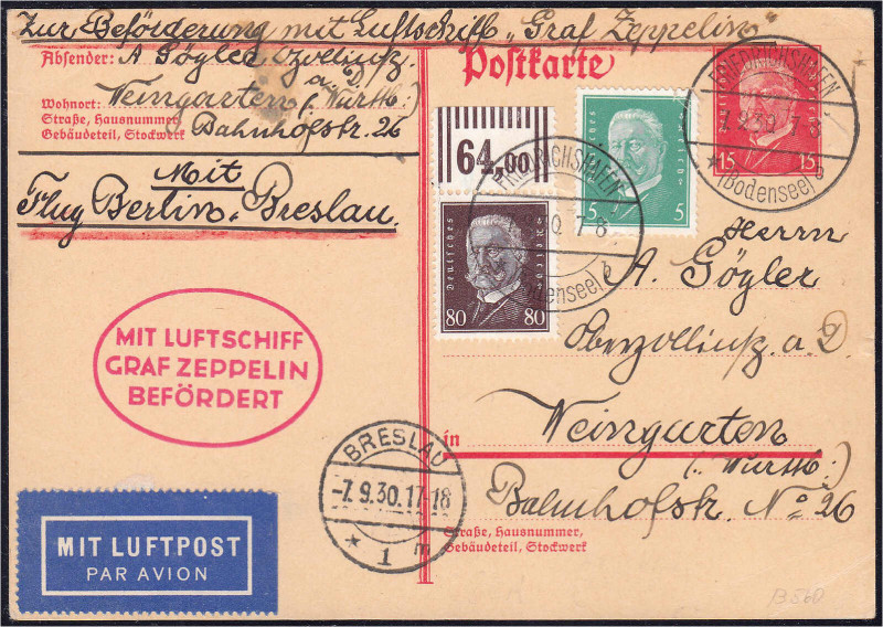 80 Pf. Hindenburg 1928, sauber vom Oberrand 2´9´2 auf Ganzsachenkarte mit zus. 5...