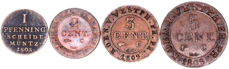 4 Kupfermünzen: Pfennig 1808 C, 2 Centimes 1812 C (vz/St), 3 und 5 Centimes 1809...