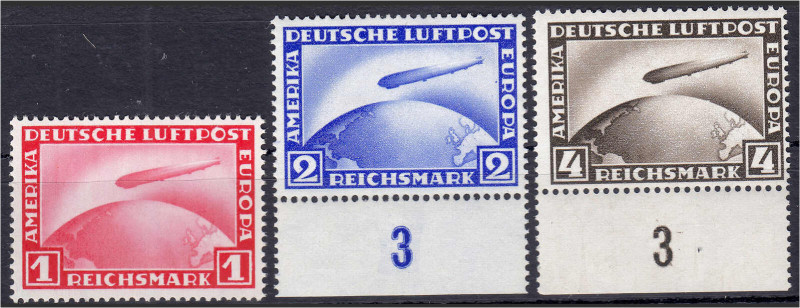 1 M - 4 M. Flugpostmarken (Zeppelin) 1928/31, drei Werte in postfrischer Luxuser...