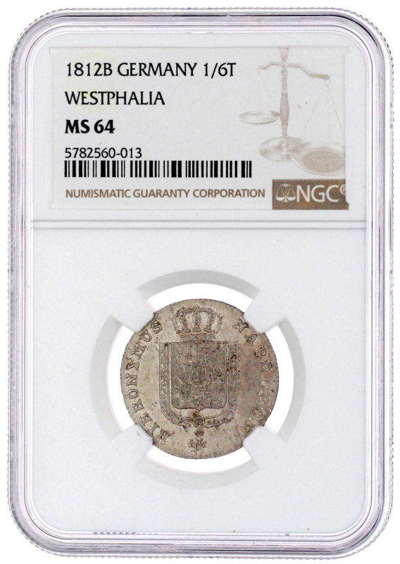 1/6 Taler 1812 B. Im NGC-Blister mit Grading MS 64. fast Stempelglanz, Prachtexe...