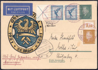 Zeppelin-Post 1931, Ganzsachenkarte mit guter Beifrankatur u.a. Zusammendruck Flugpost 1930 ,,X+20", Bordpostkarte 11.10.31 Fahrt nach Meiningen. Mich...