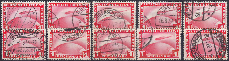 1 Mark Flugpost 1931, zehn gestempelte Werte. Mi. 450,-€. Michel 455 (10x).