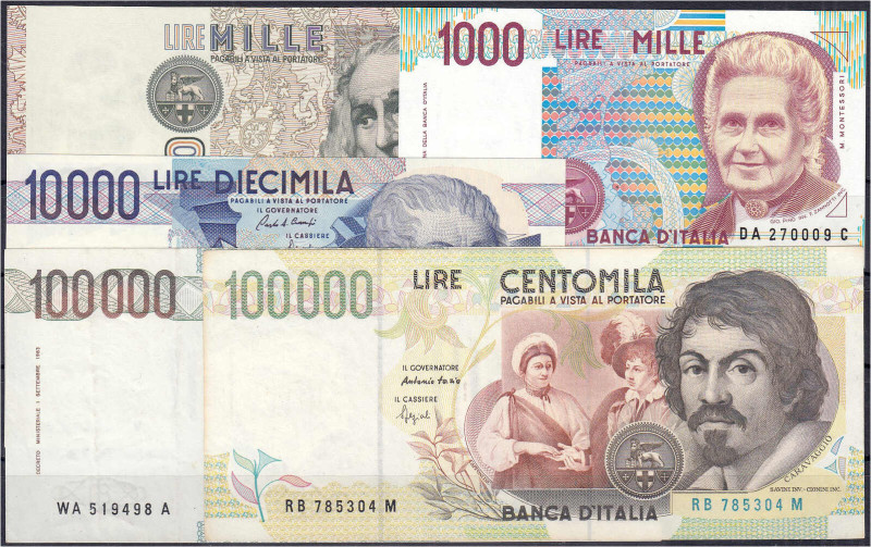 2x 1000, 10000 und 2x 100000 Lire 1982-1994. I-II. Pick 109, 110, 112, 114, 117.