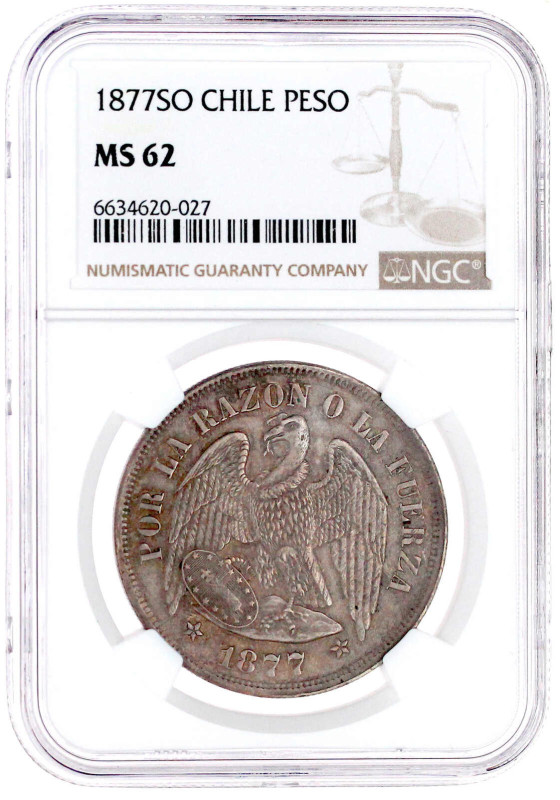 Peso 1877 SO. Im NGC-Blister mit Grading MS 62. Krause/Mishler 142.1.