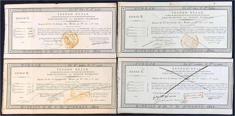 4 Schatzanleihen zu 25, 50, 100 und 1000 Dukaten 1812. Bis auf 25 Dukaten alle e...