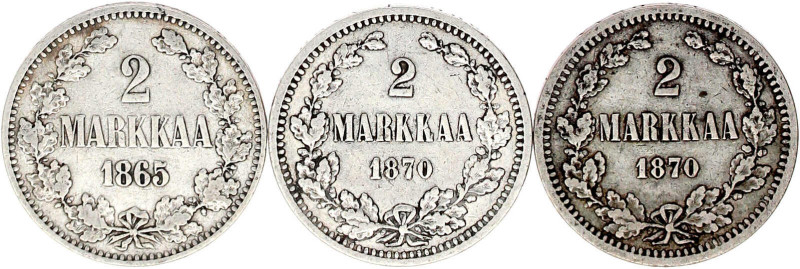 3 X 2 Markkaa: 1865 S (Randf.) und 2 X 1870 S. alle sehr schön. Krause/Mishler 7...