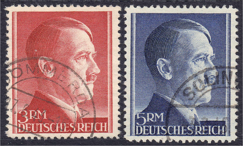 3 Mark und 5 Mark Adolf Hitler 1942, sauber gestempelt, Zähnung A, je geprüft Sc...