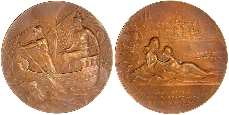 Bronzemedaille 1900 von Hans Frei. Eröffnung des Elbe-Trave-Kanals. Segelschiff ...