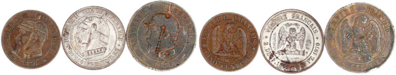 3 Stück: 5 Centimes 1856 BB und 10 Centimes 1855 A, beide zu Spottmünzen umgravi...