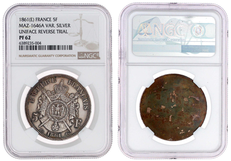 Einseitiger Abschlag der Rs. des 5 Francs 1861 in Silber. Glatter Rand. Im NGC-B...