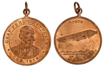 Tragb. Bronzemedaille 1908 a.d. 70 Geb. Graf Zeppelin. Brb. halbr./Luftschiff über Bodensee. 29 mm gutes vorzüglich. Kaiser 267.