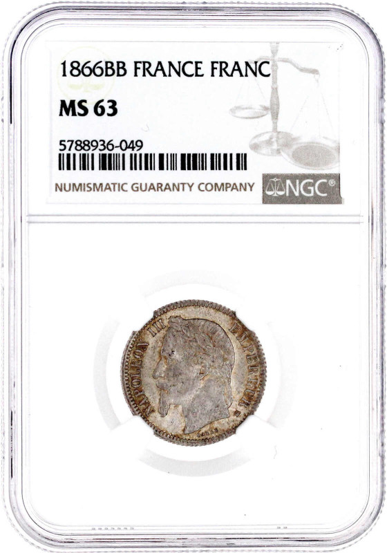 Franc 1866 BB, Strassburg. Im NGC-Blister mit Grading MS 63. Krause/Mishler 806....