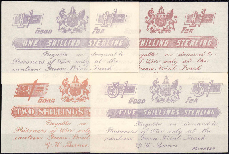 Kriegsgefangenenlager Green Point, 4 Scheine zu 2x 1, 2 und 5 Shillings o.D. (19...