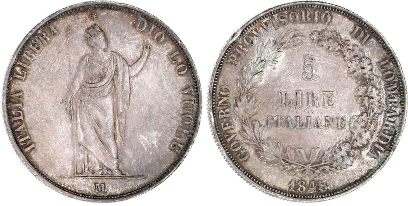 5 Lire 1848 M. sehr schön, Randfehler, schöne Patina. Herinek 3. Davenport. 206....