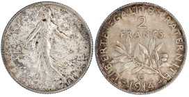 2 Francs 1914 C, Castelsarrasin. fast Stempelglanz, feine Tönung, selten. Gadoury 532. Krause/Mishler 845.2.