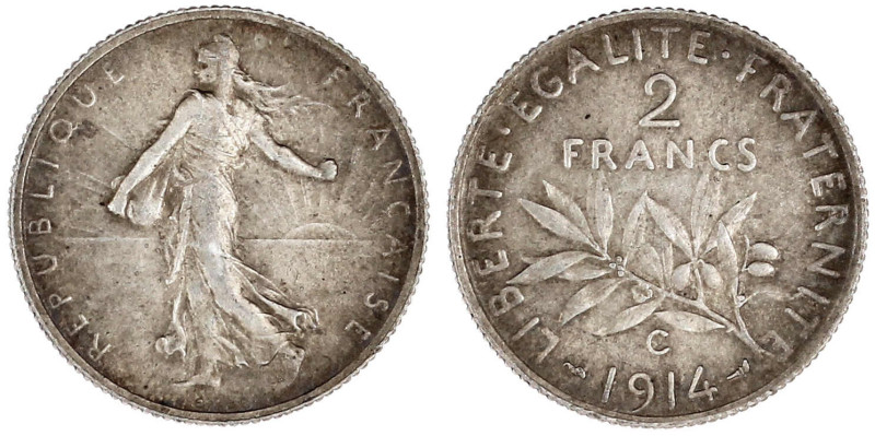 2 Francs 1914 C, Castelsarrasin. vorzüglich/Stempelglanz, schöne Patina. Gadoury...