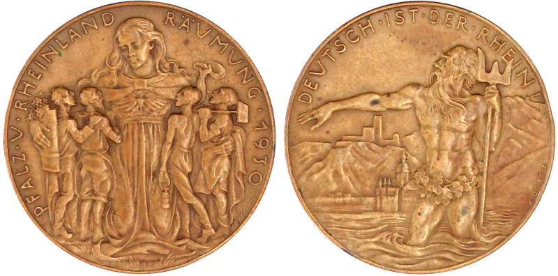 Bronzemedaille 1930 auf die Pfalz-und Rheinlandräumung. 36 mm vorzüglich, kl. Ra...