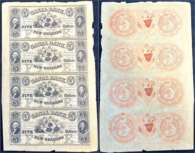 New Orleans Canal Bank, Druckbogen zu 4x 5 Dollar o.D. (1840). III, Einrisse. Ha...