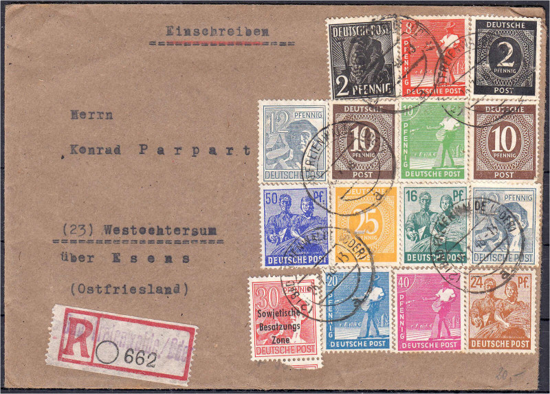 Arbeiter+Ziffern 1947, MiNr.951 c (4x/2x mit OR) auf bunter Misch-Frankatur 10fa...