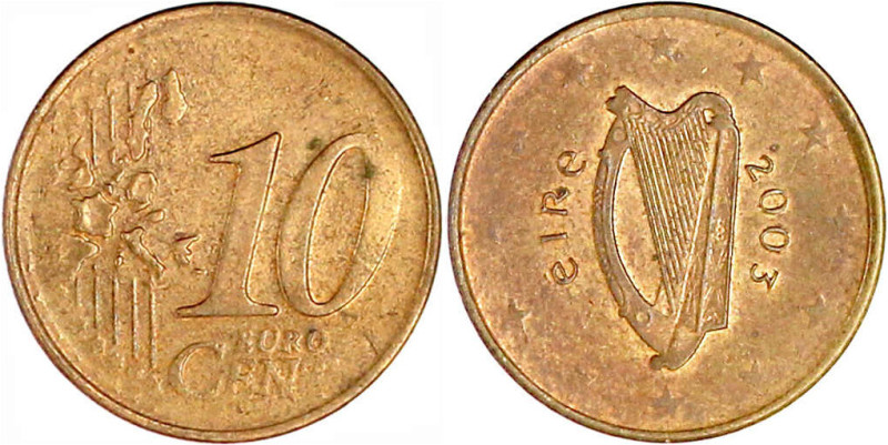 10 Cent Irland 2003 auf etwas zu kleinem und dünnem Schrötling, mit glattem Rand...