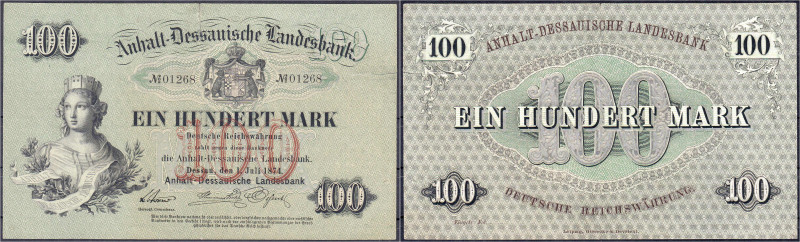 100 Mark 1.7.1874. Anhalt-Dessauische Landesbank. rechts oben 2cm eingerissen, m...