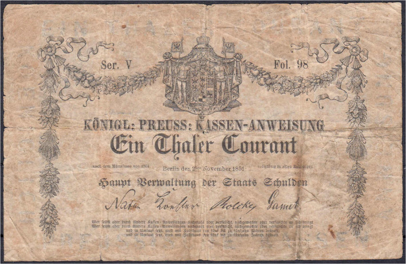 1 Thaler Courant 2.11.1851, Kassen-Anweisung, Berlin. Serie V. IV, selten. Pick ...