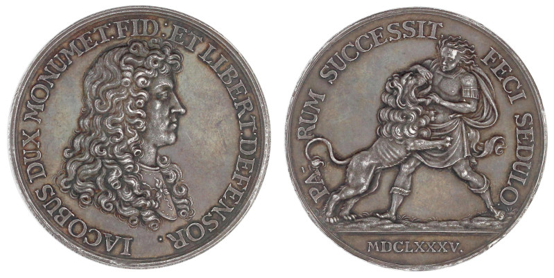 Silbermedaille 1685, v. Smeltzing. IACOBVS DVX MONVM ET FID ET LIBERT DEFENSOR, ...