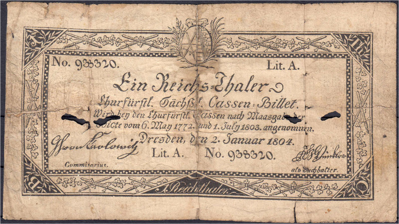 1 Reichsthaler Churfürstl. Sächss. Cassen-Billet 2.1.1804. IV / V. Pick A380. Gr...