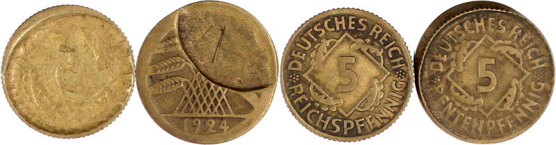 2 Stück: 5 Rentenpfennig 1924 Fehlprägung (es lag bei der Prägung ca. 50 % verse...