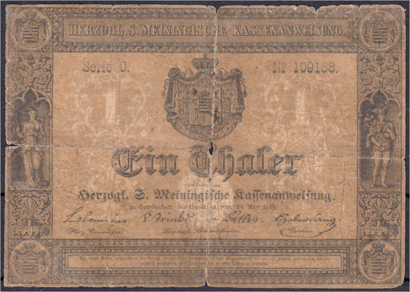 1 Thaler 24.5.1849. Herzoglich Sachsen-Meiningische Kassenanweisung 1849 - 1856....