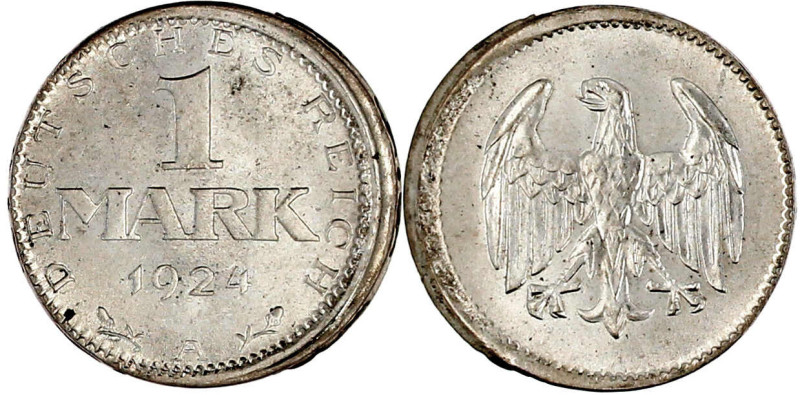 1 Mark 1924 A. Ca. 10 % dezentriert. fast Stempelglanz, Prachtexemplar. Jaeger 3...