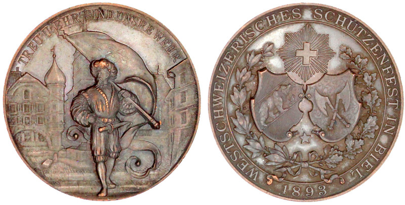 Bronzemedaille 1893 a.d. Schützenfest in Biel/Westschweiz. 45 mm. vorzüglich. Ri...