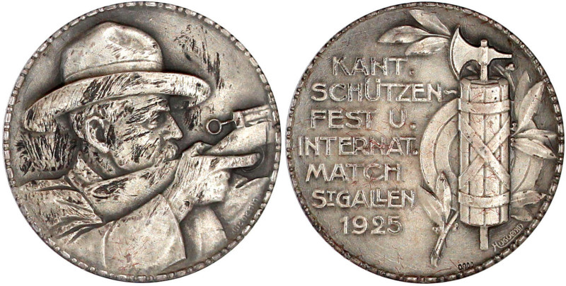 Silbermedaille 1925 v. Huguenin, a.d. Kantonal Schützenfest. Schützenbüste r./Fa...