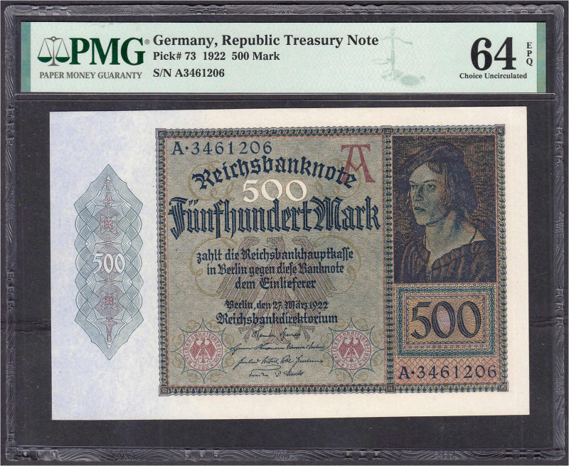 500 Mark 27.3.1922. Serie A. PMG Grading 64 Choice Uncirculated EPQ. I. Rosenber...