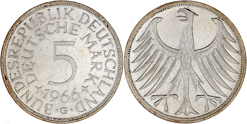 5 Mark 1966 G, ohne Randschrift. vorzüglich/Stempelglanz, winz. Kratzer. Jaeger ...