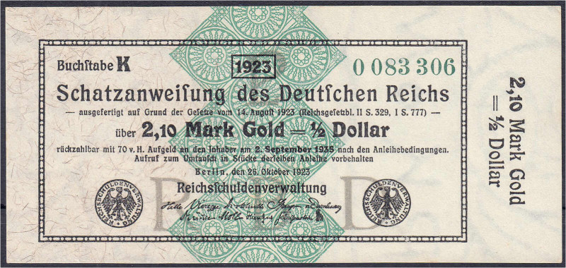 Schatzanweisung zu 2,10 Mark Gold 26.10.1923. Vs. Udr.-Bst. „P“ und „RBD“ grau, ...