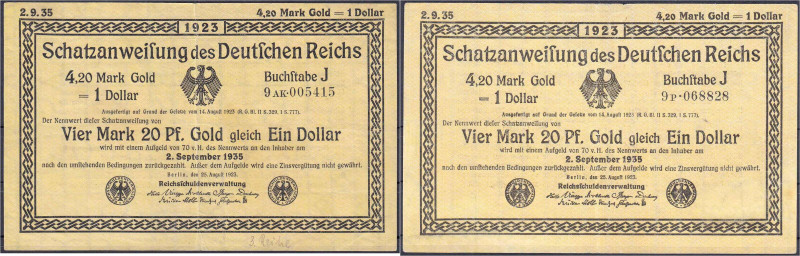 2x Schatzanweisungen zu 4,20 Mark Gold = 1 Dollar 25.8.1923. Firmendruck KN 6-st...