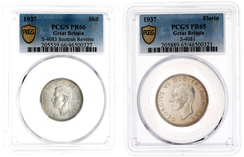 2 Stück: Shilling und Florin 1937. PCGS Gradings PR66 und PR65. Seaby 4083 und 4...