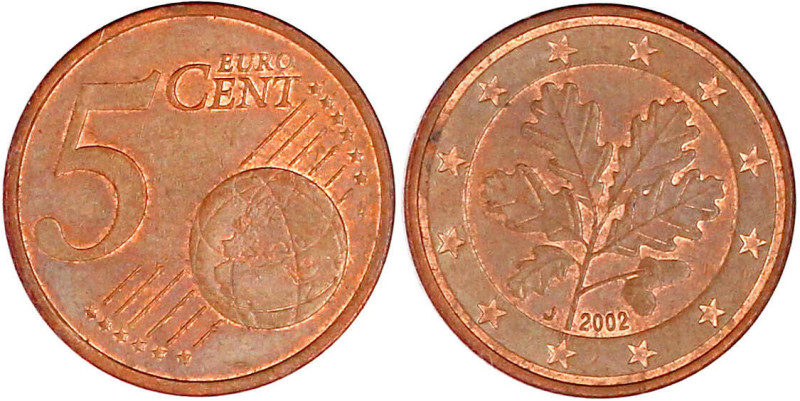 5 Euro-Cent 2002 J, geprägt auf viel zu dünnem Schrötling. 2,82 g. anstatt 3,92 ...