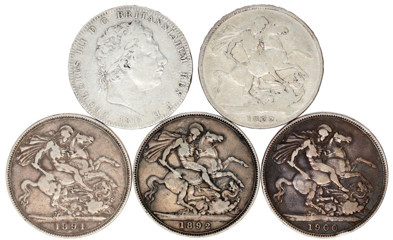 5 verschiedene Silber-Crowns: 1819, 1822, 1891, 1892, 1900. schön bis fast sehr ...