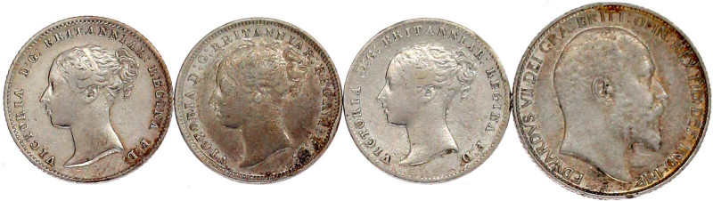 4 Silbermünzen: Four Pence 1842, 3 Pence 1859 und 1877, Six Pence 1910 sehr schö...