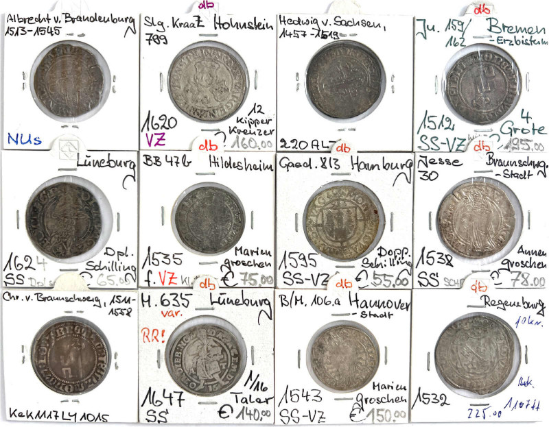 Kl. Sammlung von 12 versch. Silbermünzen des 16./17. Jh. Bremen 4 Grote 1512 (2 ...