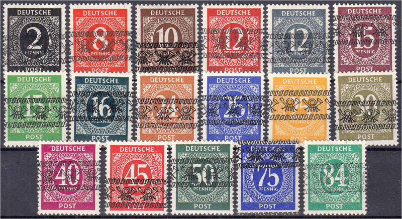 2 Pf. - 84 Pf. Ziffernserie (Bandaufdruck) 1948, kompletter Satz in postfrischer...