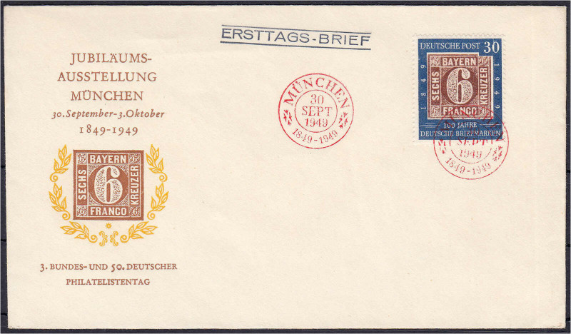 30 Pf. 100 Jahre deutsche Briefmarken 1949, schön entwertet mit Ersttagsstempel ...