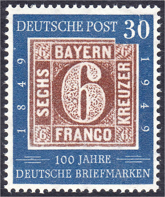 30 Pf. 100 Jahre deutsche Briefmarken 1949, postfrische Luxuserhaltung, dabei de...