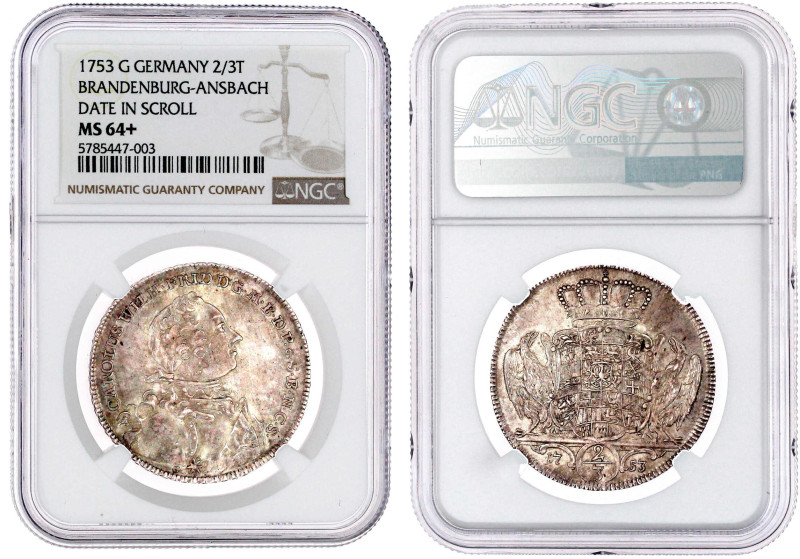 2/3 Taler 1753 G. Im NGC-Blister mit Grading MS 64+ (Top Pop, das beste gegradet...