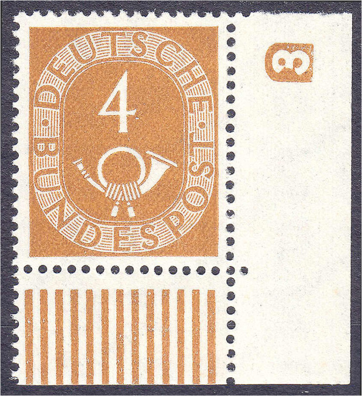 4 Pf. Posthorn 1951, tadellos in postfrischer Luxuserhaltung mit Druckerzeichen ...