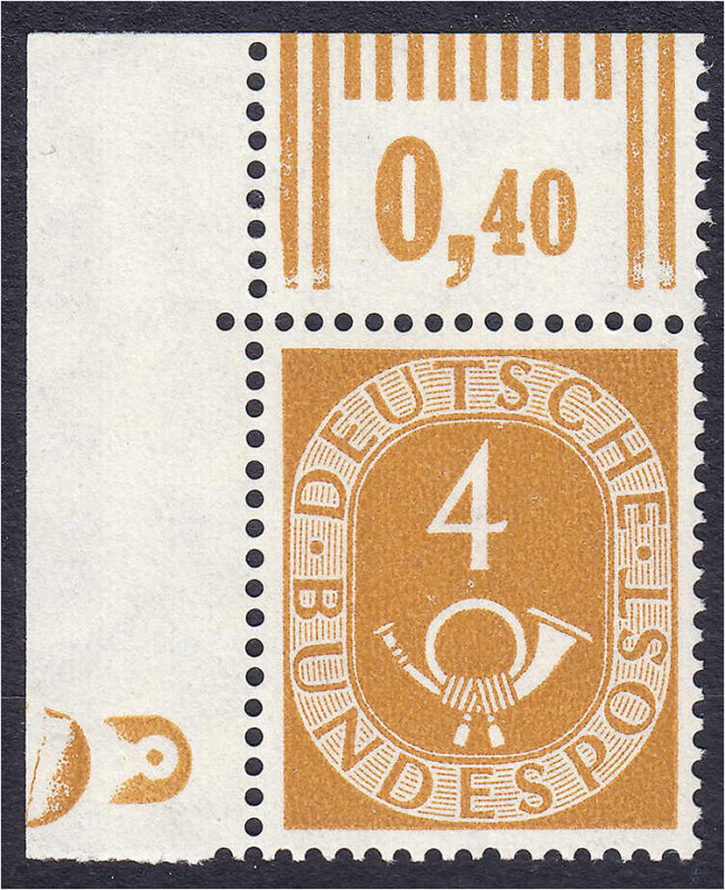 4 Pf. Posthorn 1951, tadellos in postfrischer Luxuserhaltung mit Druckerzeichen ...